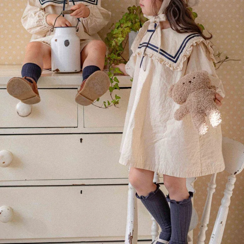 

Girls Sailor Collar Bow Dress 2026 Summer New Baby Girl Sweet Princess Dress Cotton Children Toddler Casual Dress Kids Clothes