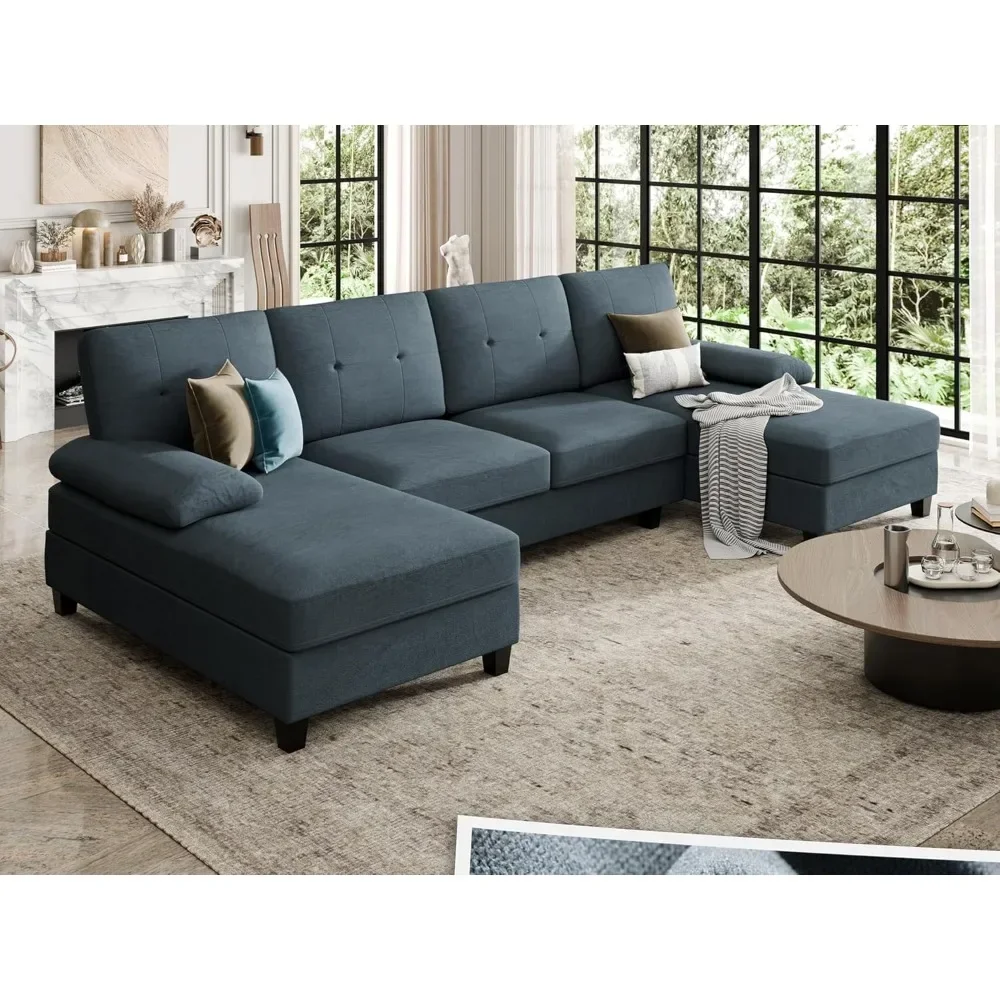 

110" Sectional Sofa Couches for Living Room, 4 Seat U-Shaped Sofa Couch with Linen Fabric and Double Chaises