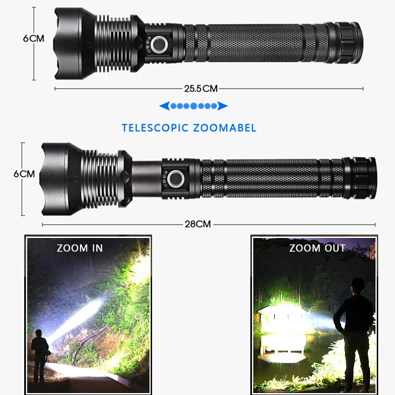 強力なLED懐中電灯xhp 70.2,ビーズとズーム可能,3つの照明モード,ランプ,フラッシュライト,マイクロチャージ対応