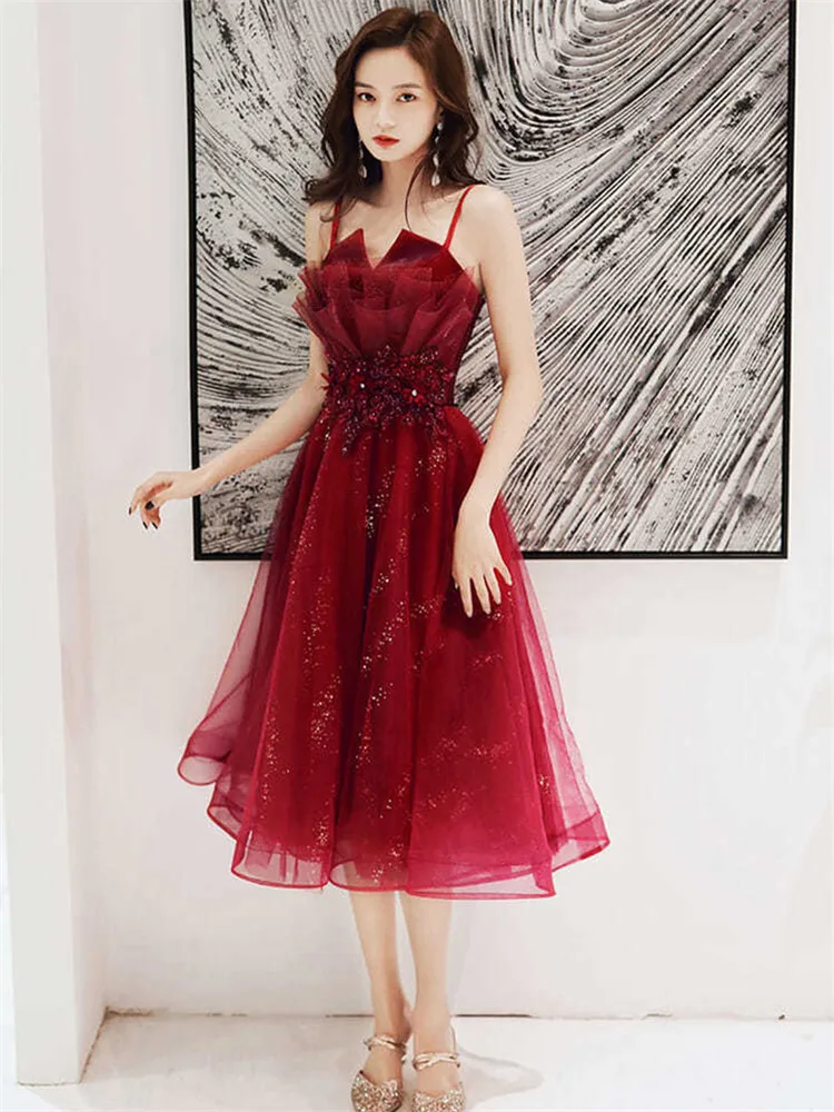 Wine Red Dress Women Spring Summer New Solid Color Sequin Lace Halter Mid-length A-line Skirt Fashion Female Clothing M123