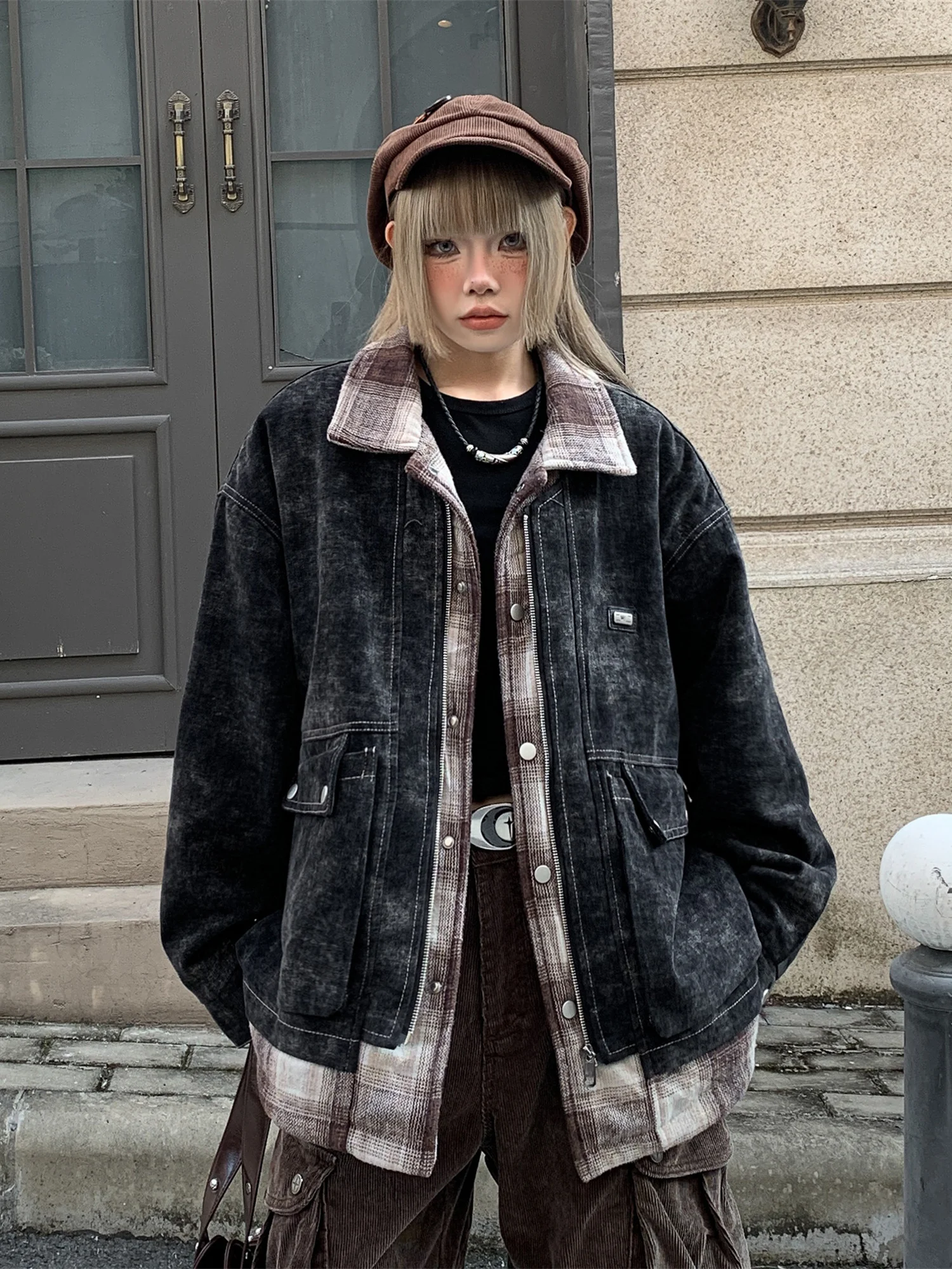 

Куртка в американском ретро-стиле в клетку для мужчин и женщин, утепленная, из хлопка, с длинными рукавами, на молнии, для зимы