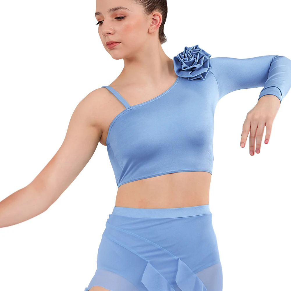 Asymmetric Flower Dance Crop Top Girls Women Long One Sleeve Camisole Contemporary Lyrical Dance Wear Jazz Competition Costume