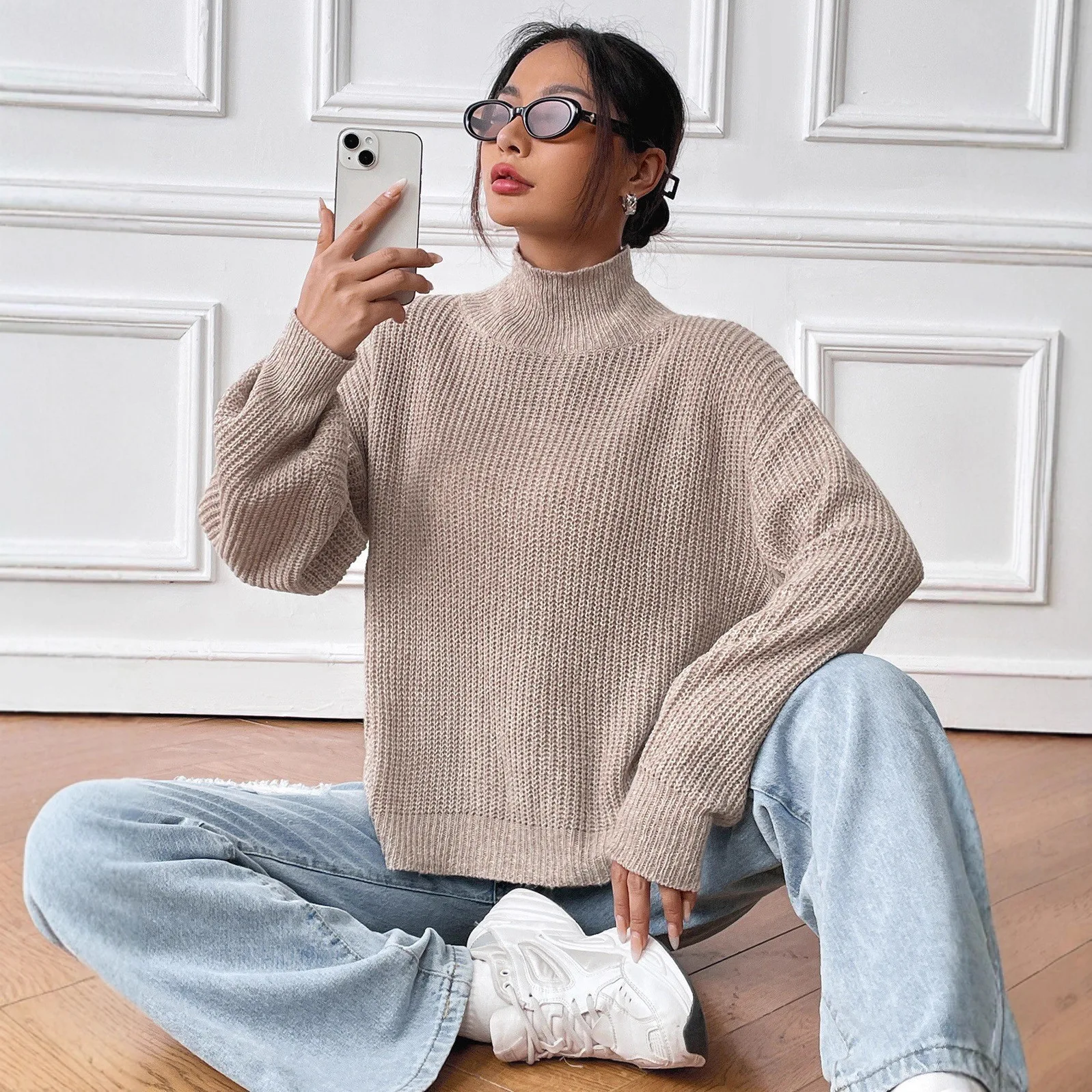 Women's Pullover Sweater with A Half-high Collar, Autumn and Winter Base Layer Top.