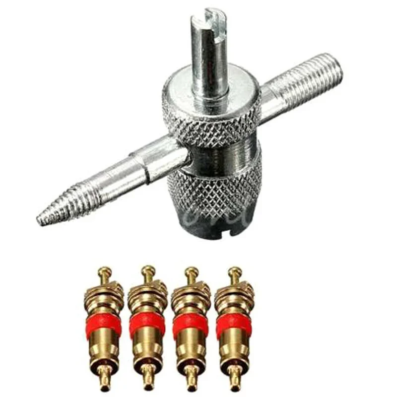 1set 4 Way Car Motorcycle Bike Tyre Tire Valve Repair Remover Tool+4 Valve Stem Cores New Motorcycle Accessories