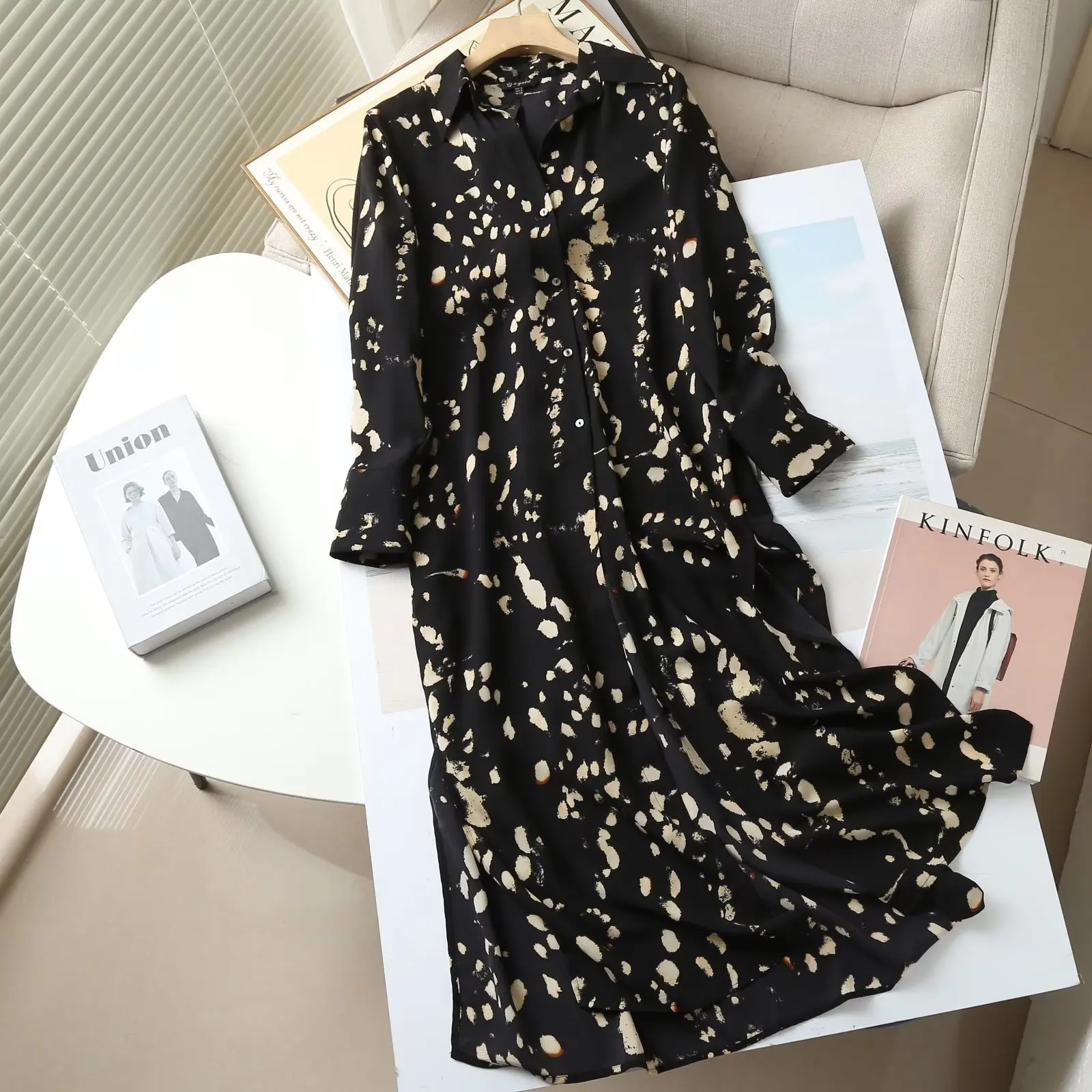 Maxdutti Fashion Long Shirt Casual Party Dress Women England Style Office Lady Polka Dot Print Dress