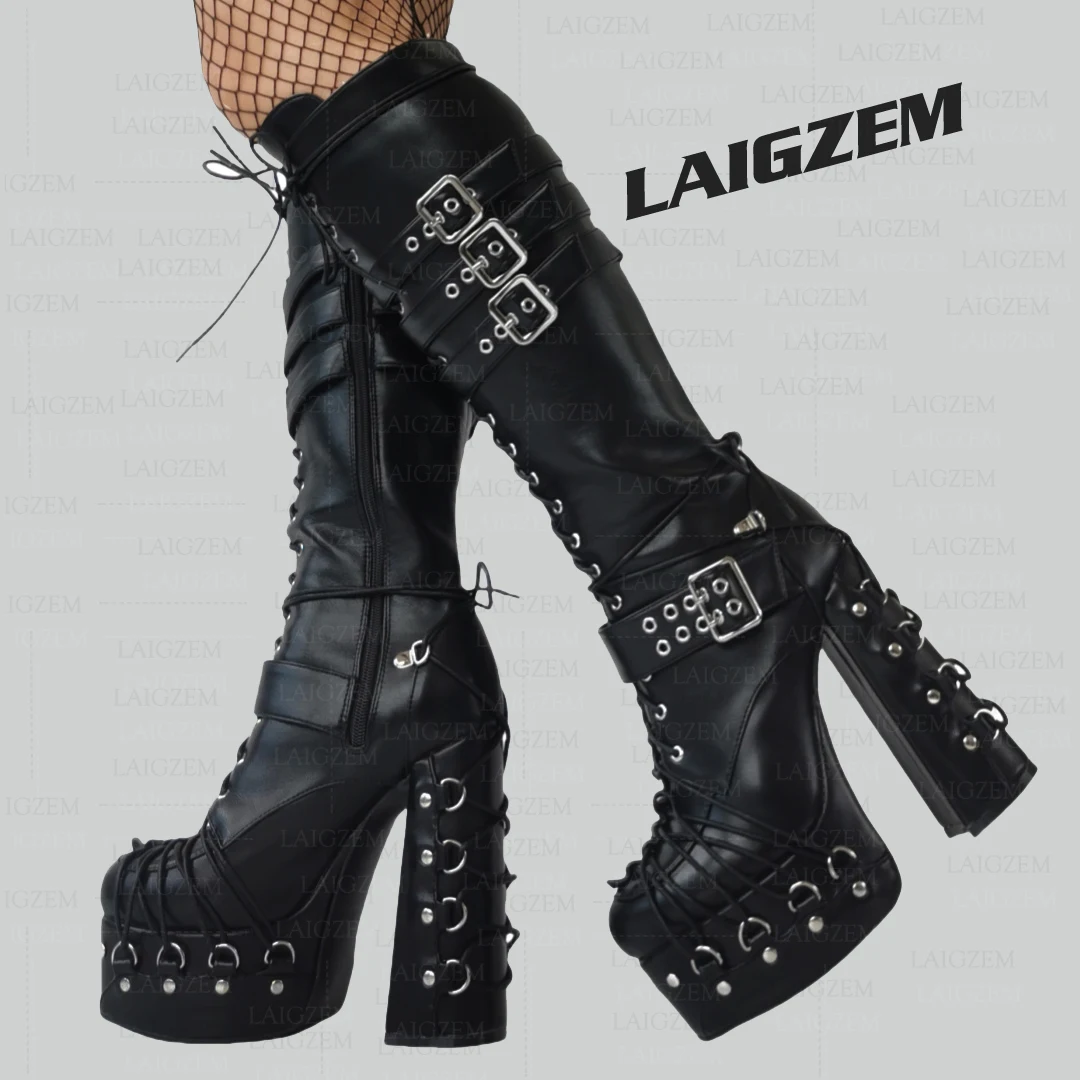 

ZHIMA Женские сапоги до колена на платформе с пряжкой и ремешками на молнии, ботинки на толстом высоком каблуке, женская обувь в стиле панк, большие размеры 34, 41 45, 52