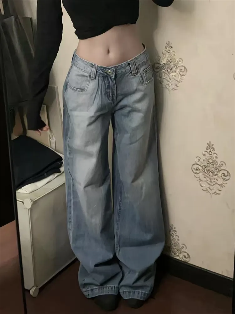 

American High Street Light Blue Low Waist Wide Leg Jeans Women's Spring Autumn Loose Drapey Tall Extended Floor Length Pants