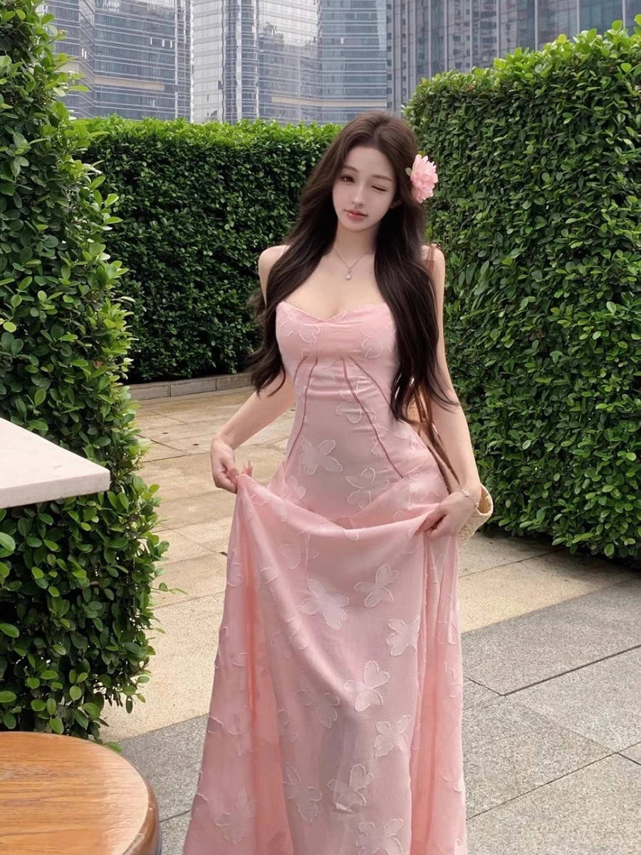 ReddaChic Abito lungo maxi da donna strutturato con fiori ricamati, cinturino per spaghetti, vestibilità svasata, abito da festa con lacci, abiti da sposa