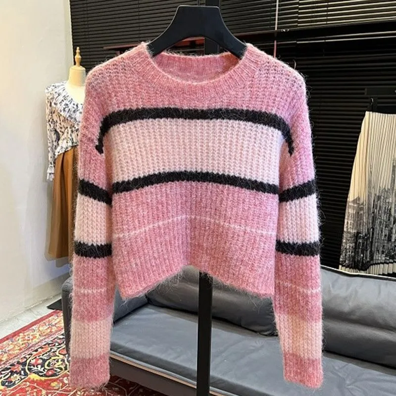 2024 Autumn New Knitted Sweater Pullover Women's Soft Loose Outer Wear Crew Neck Striped Korean Style Versatile Long-sleeved Top