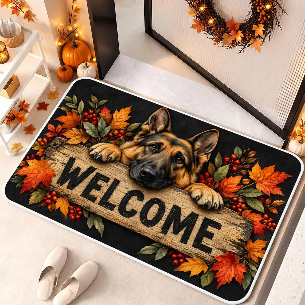 German Shepherd Welcome Floor Mat Soft Flannel Floor Mat Cloud Feel Non-slip Bath Rug Machine Washable Foam Carpet Door Mat