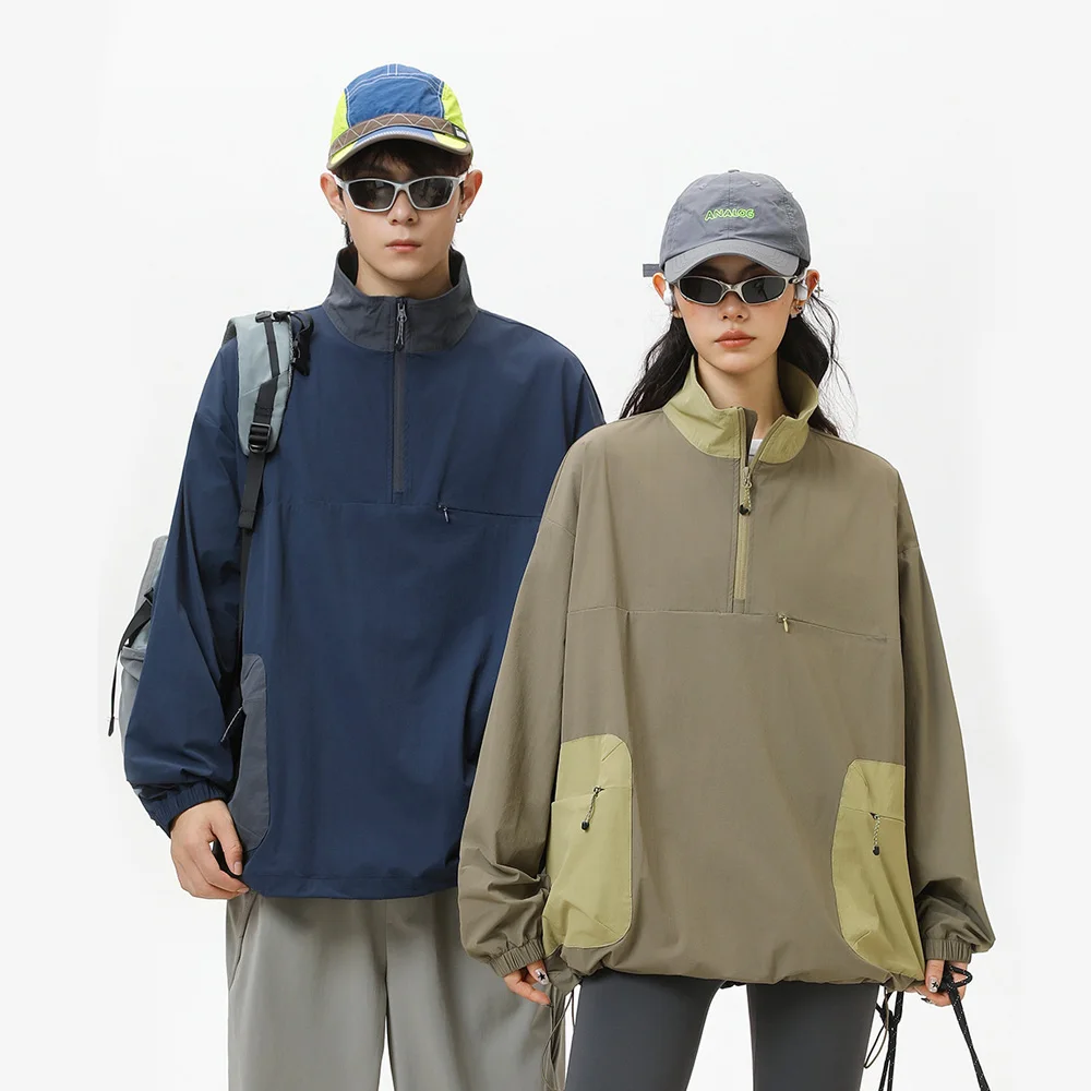Women Men Outdoor Lightweight Zipper Stand Collar Long Sleeve Loose Casual Pullover Sports Cargo Shirts Tops Cityboy Tshirt