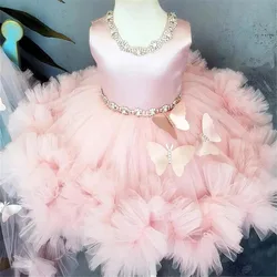 Lovely Pink Beading Sleeveless 3D Butterfly With Bow Flower Girl Dress For Wedding Child's Eucharistic Birthday Party Dresses