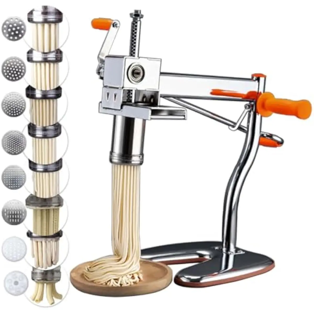 Manual Pasta Extruder with 8 Stainless Steel Molds – Lever-Driven Dough Press for Fresh Spaghetti Vermicelli Macaroni and Custom