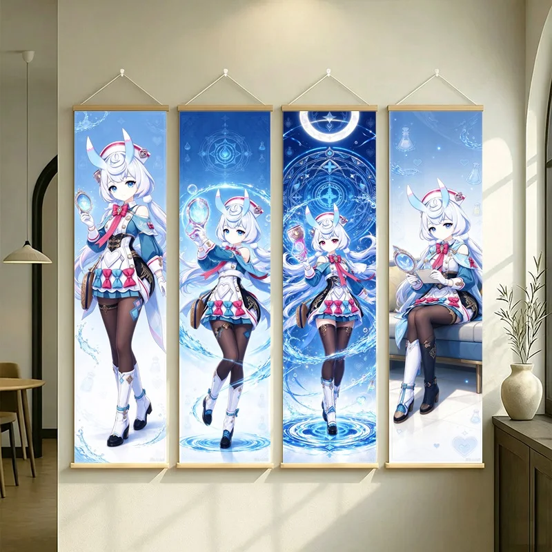 Hanging Scroll Wall Art of Genshin Impact Sigewinne with Blue Water Motifs on Silver Shimmer Canvas for an Anime Bedroom