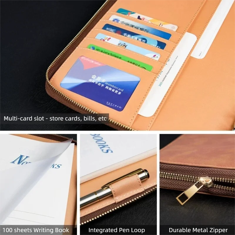 Vintage Leather Zipper Notebook A5/B5 Business Portfolio Organizer,Loose-Leaf Ring Binder Journal Zippered Spiral Notebook A6