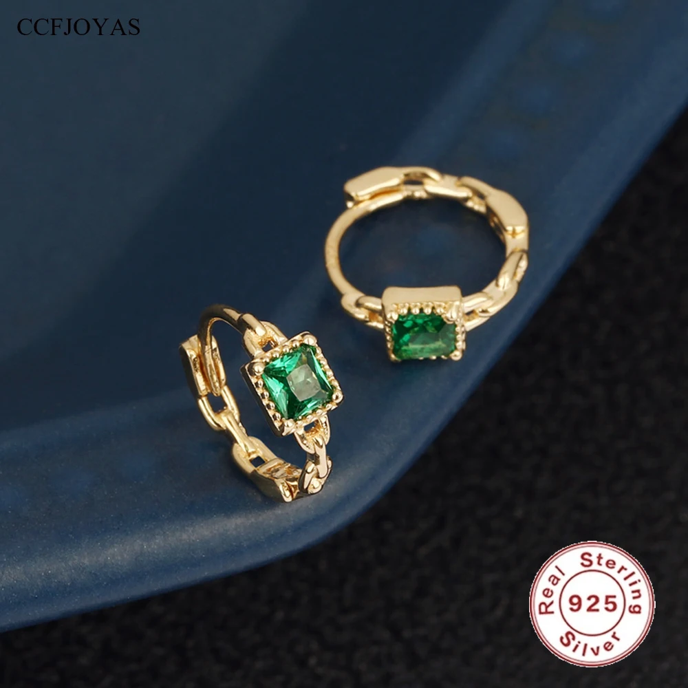 

CCFJOYAS 8.5mm 925 Sterling Silver Geometric Square Green Zircon Chain Hoop Earrings for Women 18k Gold Plated Retro Earrings