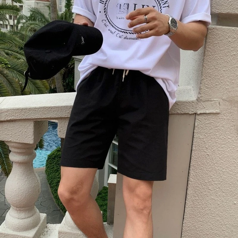 2025 Summer New Fashion Men's Linen Casual Trendy Wide Leg Straight Loose Solid Color Knee Length Drawstring Shorts Male Clothes