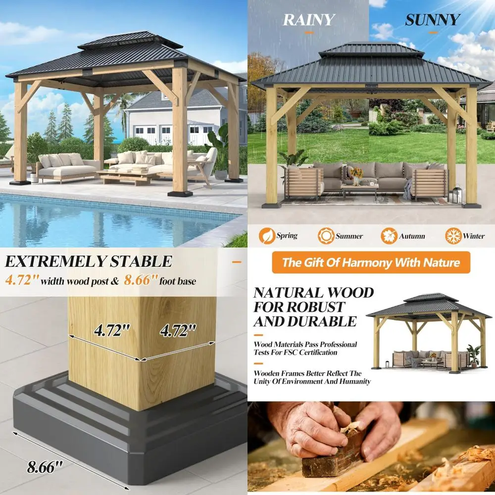 

10' x 12' outdoor wooden gazebo - patio hardtop gazebo permanent wooden pavilion with galvanized steel double roof, wood gazebos
