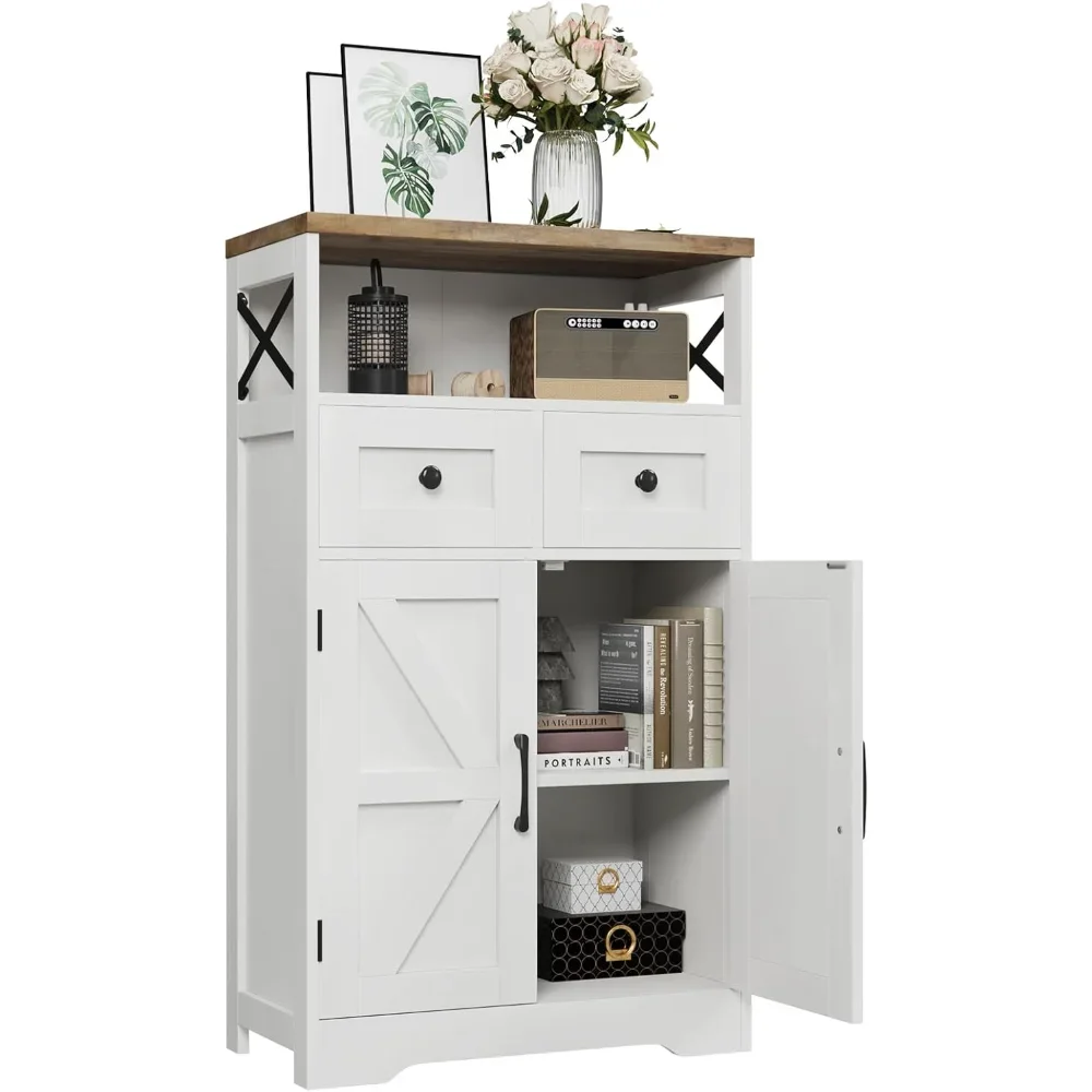 

Farmhouse White Storage Cabinet with Doors and Drawers, Freestanding Pantry Cabinet, Floor Storage Cabinet Hutch