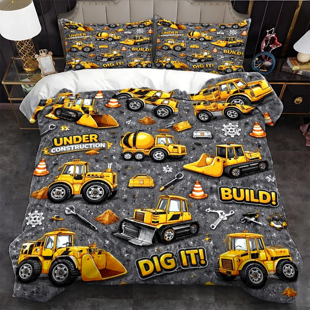 Duvet Cover Sets With Zipper - 3Pc Construction Vehicle Themed Bedding Set