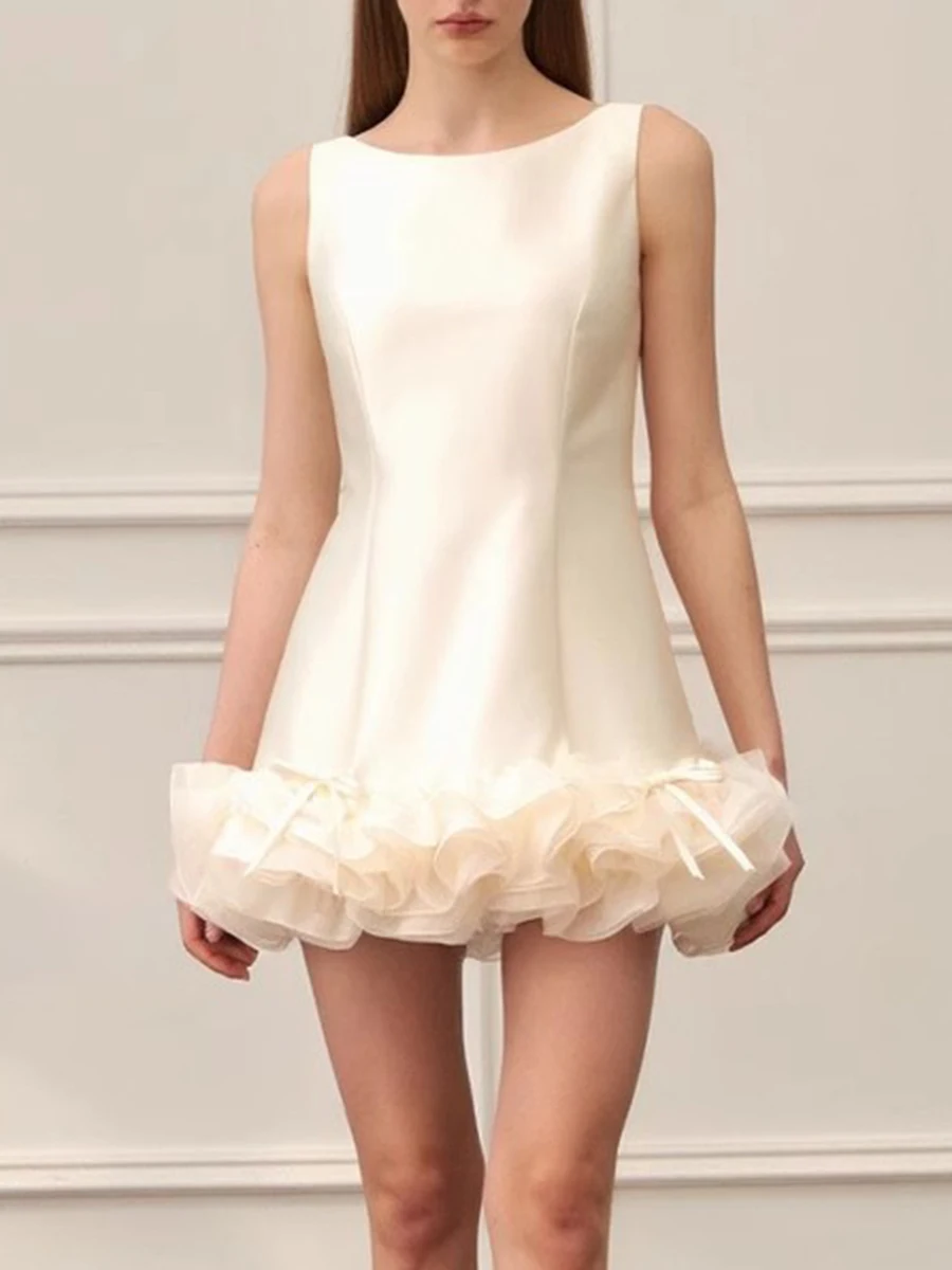 

Solid Slimming Dresses For Women O Neck Sleeveless High Waist Temperament Spliced Appliques Long Dress Female New