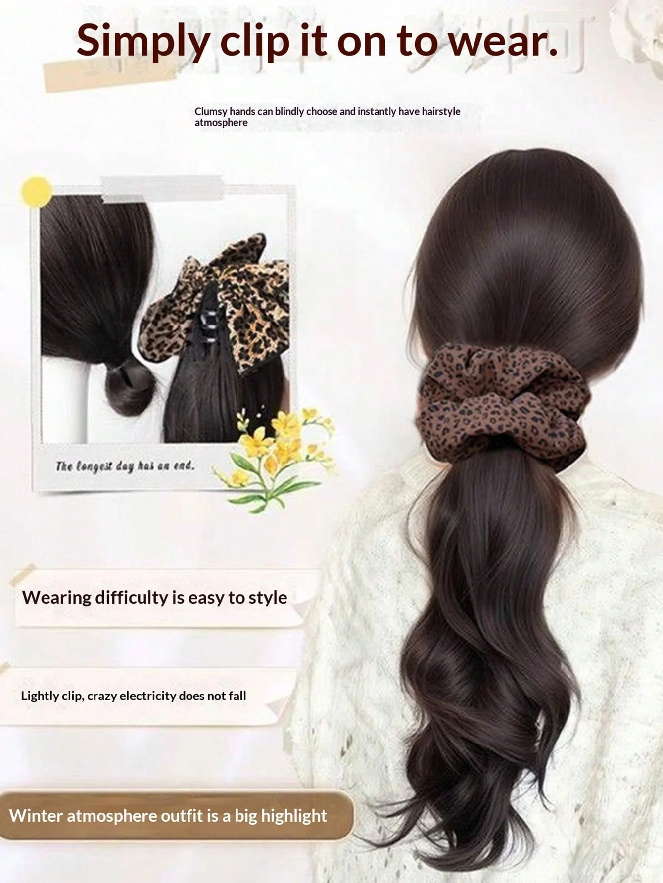Wavy Hair Ponytail Extensions Wig Claw Clip Natural Wave Ponytail Hairpieces with Hair Scrunchie for Women Daily Use Hair Pins
