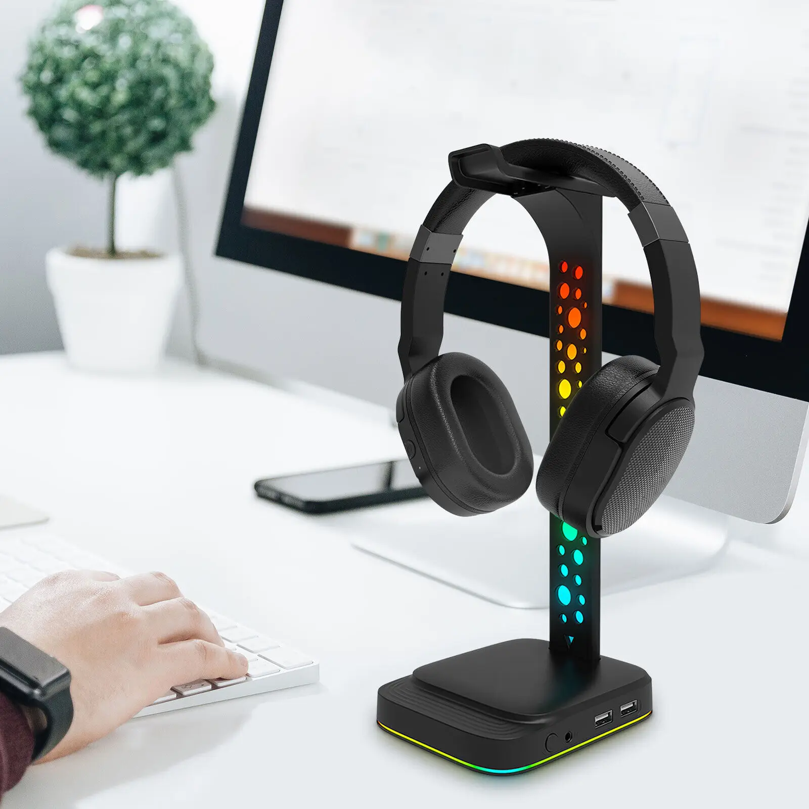 حامل سماعة رأس للألعاب RGB مع واجهة USB مزدوجة ، حامل سطح المكتب ، دعم عالمي ، ملحقات سماعات الرأس