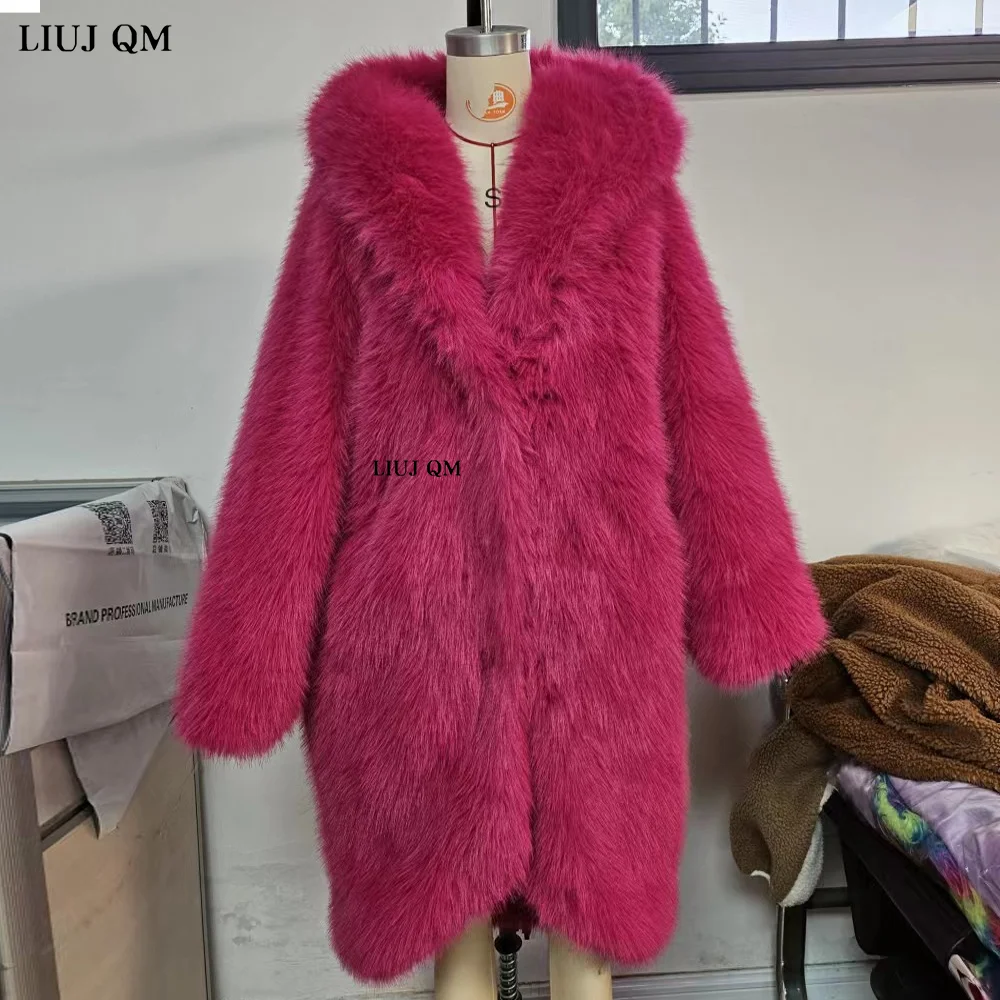 Hooded Female Long Overcoat Women Faux Fur Coat Fashion Warm Winter Furry Loose Large Size Fluffy Fur Jacket Ladies Outerwear