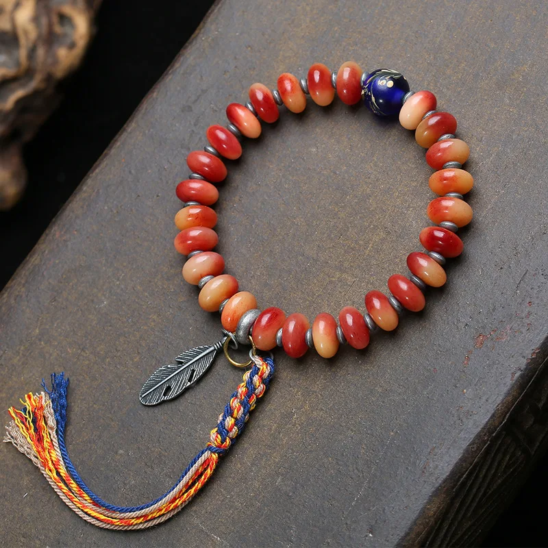 Half-Blood Bone Medicine Tablet Bead Bracelet Single Circle Tibetan Style Tassel Deer Antler Root Glass Accessories