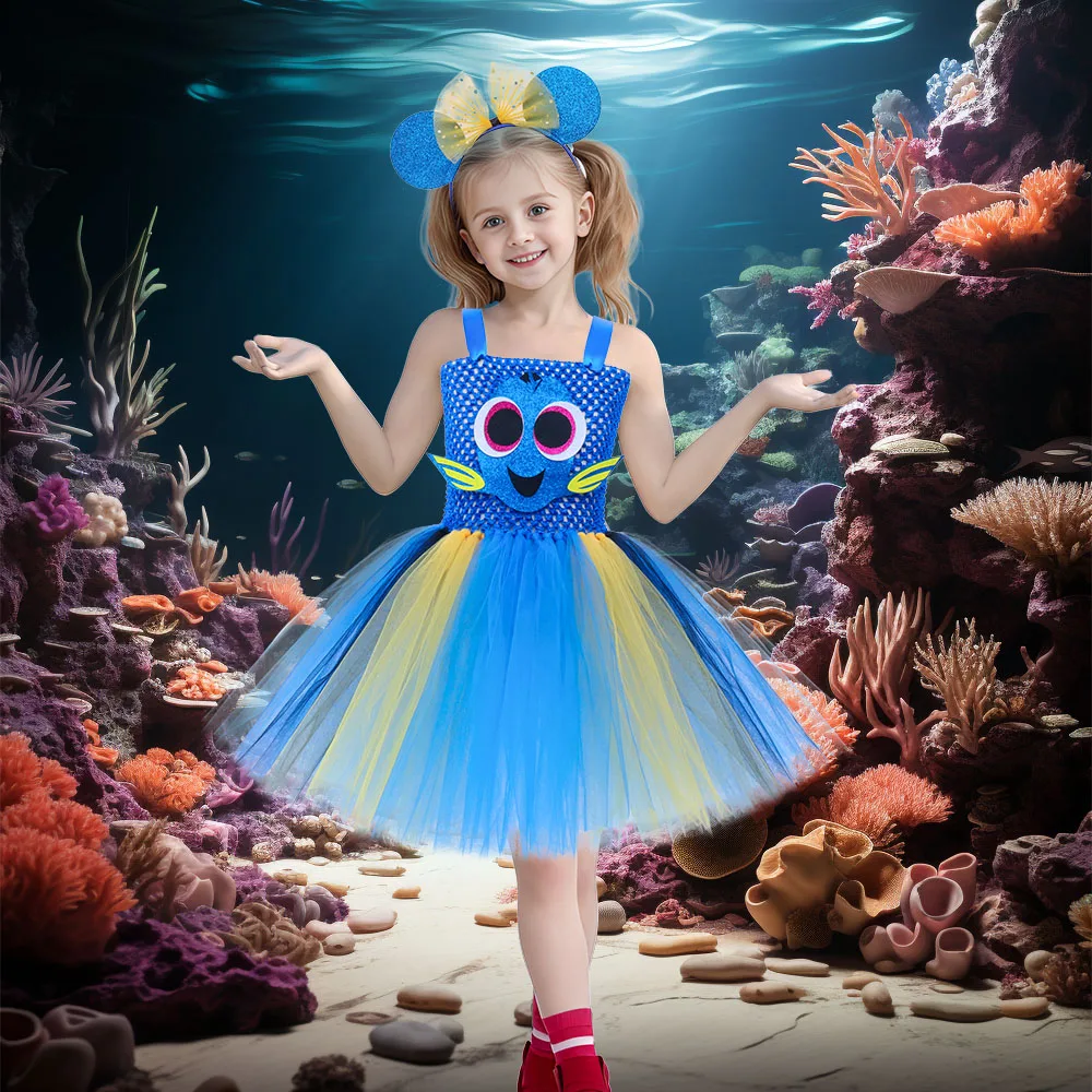 Latest Girls Cartoon Fish Costume Tutu Dress Kids Tulle Party Dresses Sea Cosplay Costume Fancy Dress Outfit for Baby Birthday