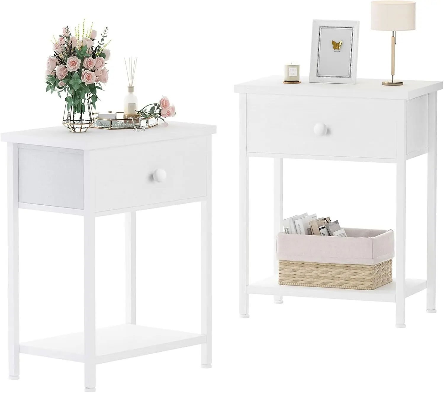 

White Nightstands Set of 2, Small Night Stand with Drawer and Shelf Storage End Table for Bedroom, Dorm, Modern