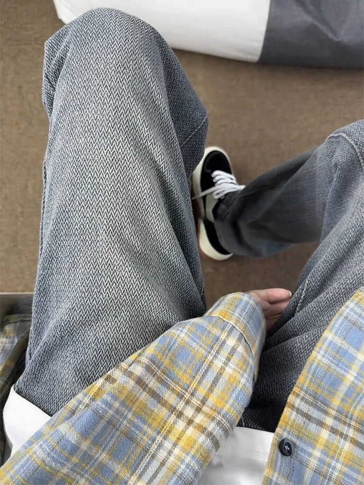 

Светло-голубые мужские джинсы с принтом Galaxy, летние тонкие эластичные повседневные брюки с высокой талией в американском стиле ретро, прямые брюки для подростков