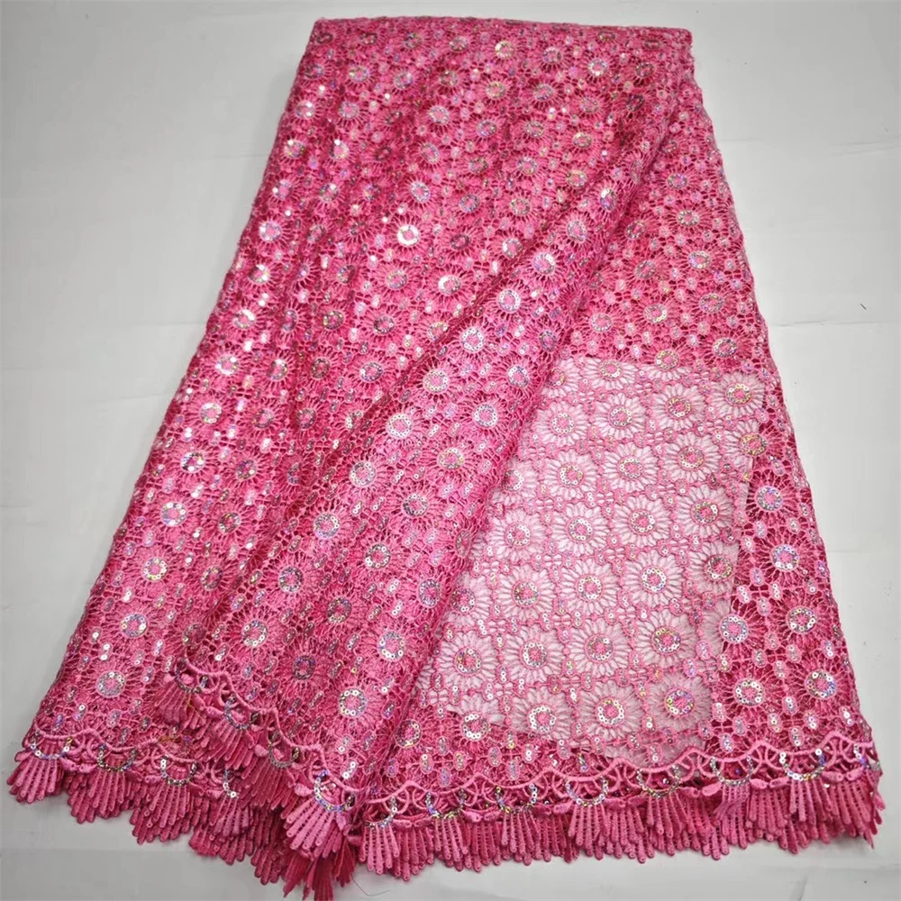 

5 Yards Pink Guipure Lace Fabric African Cord Lace Fabric 2024 High Quality Nigerian Water Soluble Material WIth Sequins Dress