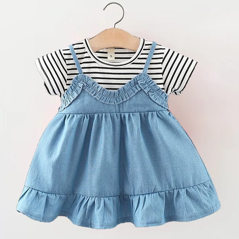 0-3-year-old summer patchwork girl short sleeved T-shirt with suspender dress set, solid color striped girl princess skirt