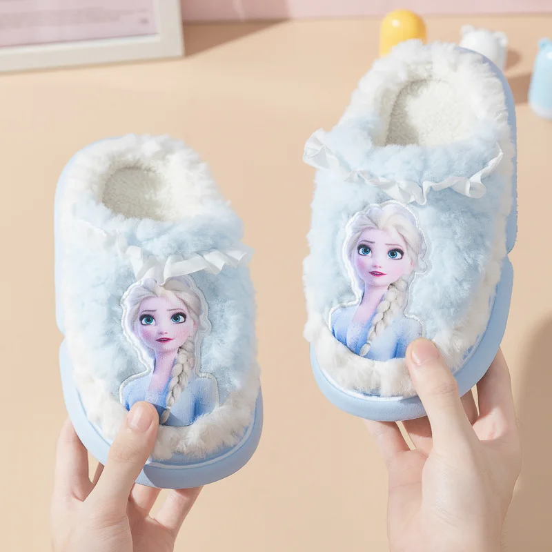 Disney Princess Elsa Frozen Slippers For Girls In Autumn Winter Indoor Warmth Non Slip Children\'s Plush Cotton Blue Purple Shoes