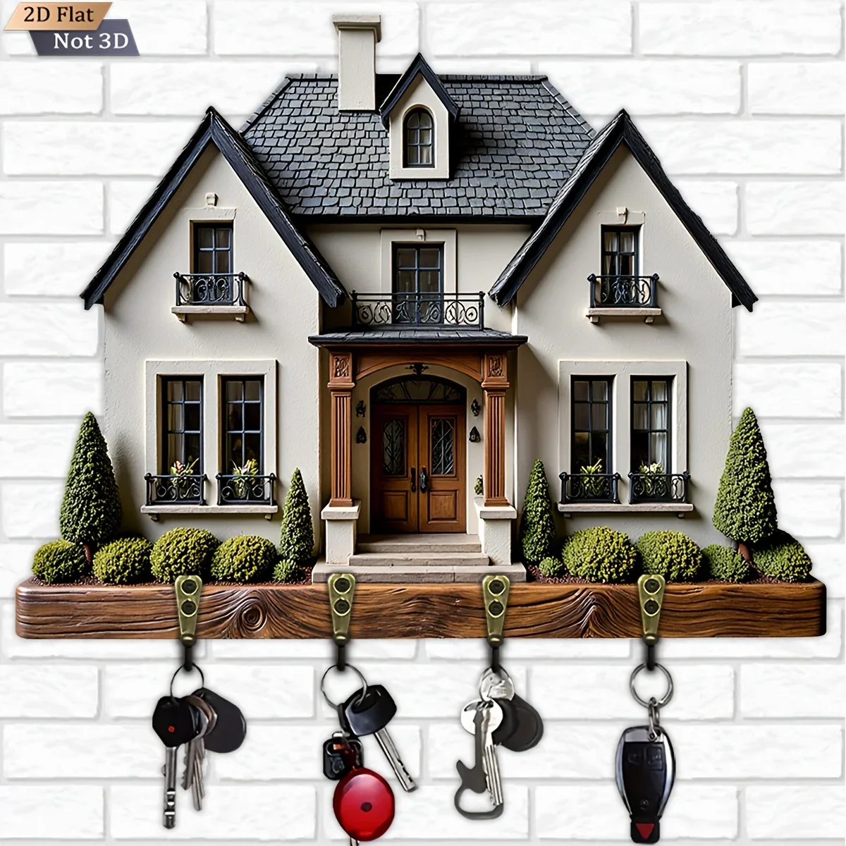 2D Flat, 1pc, European-Style Small House Shaped Key Hook Wooden Multi-Functional Home Key Rack, with Four Metal Hooks, Wall