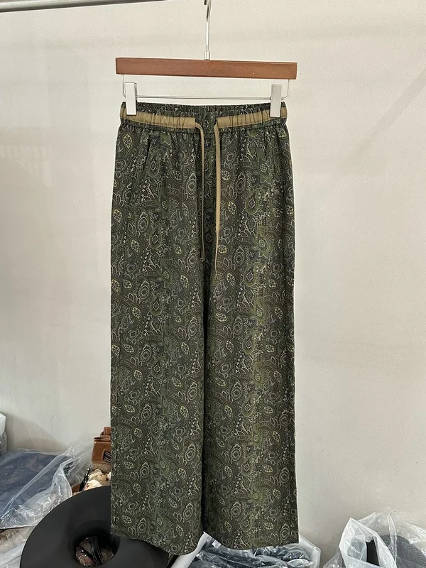 

Casual Style High Waist Straight Leg Pants Women's Summer Fashion Drawstring Elastic Waist Peas Nut Pattern Linen Trousers