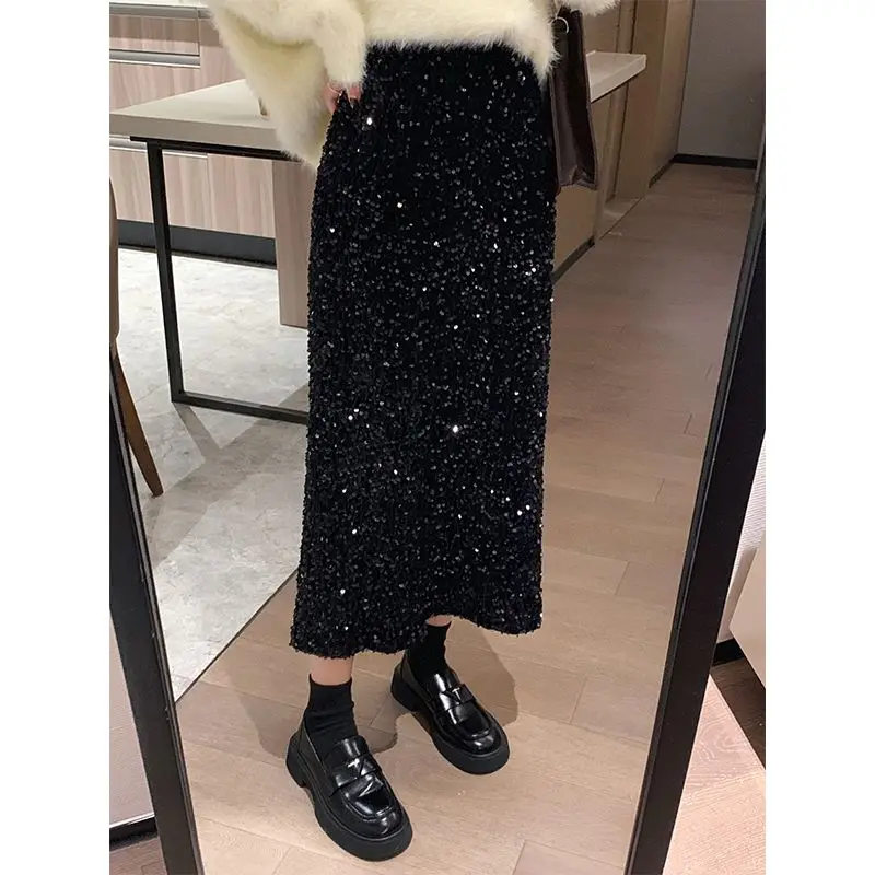 Women's Autumn and Winter Sparkling Sequined Skirt Straight Long Skirt 2024 New Style Versatile Skirt for Parties and Going Out