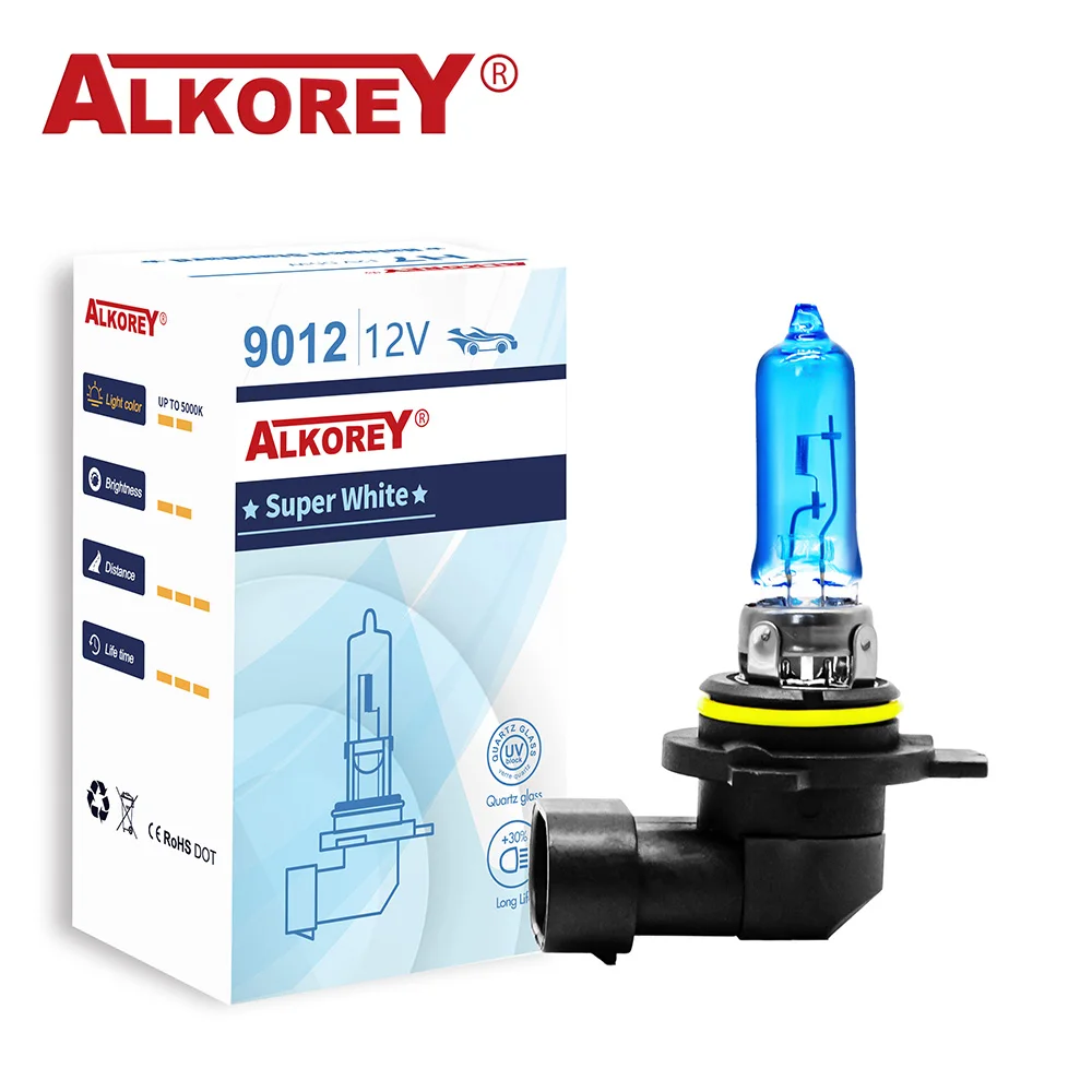 ALKOREY 2 Pcs 9012 HIR2 12V 55W Car Headlight Bulbs 5000k Super White Blue Glass Auto Halogen Lamps High Beam Lights