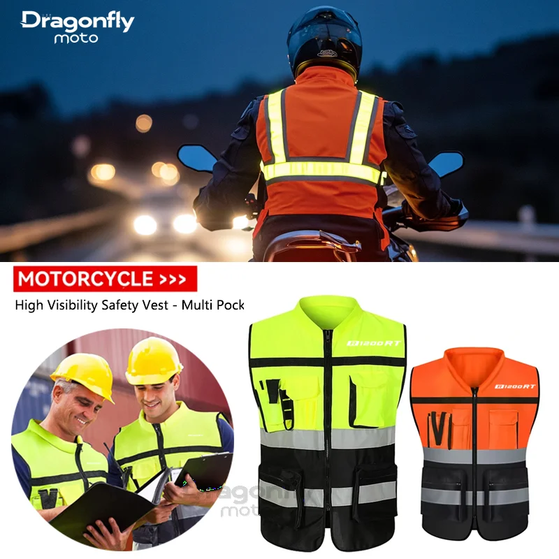 

R1200RT Logo Motorcycle Multi Pocket Safety Vest Night Visibility Gear For BMW R1200RT R1200 RT R 1200RT 2004-2013