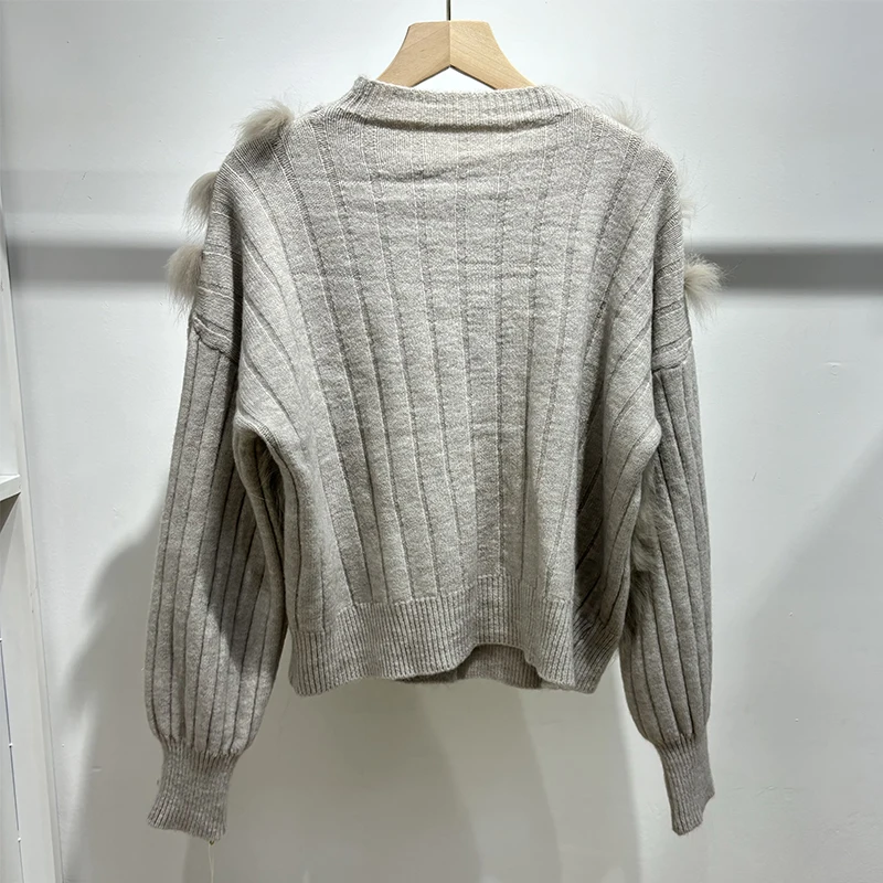 Women Autumn Fluffy Thick Real Fox Fur Sweater Lady's Knitted Sweater Overcoat