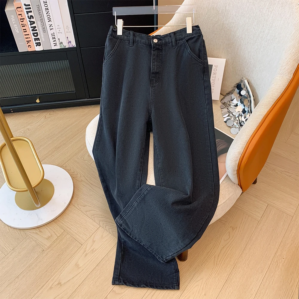 

Plus-size women's fall casual commute baggy comfort jeans with button pockets straight-leg black elasticated waist pants large