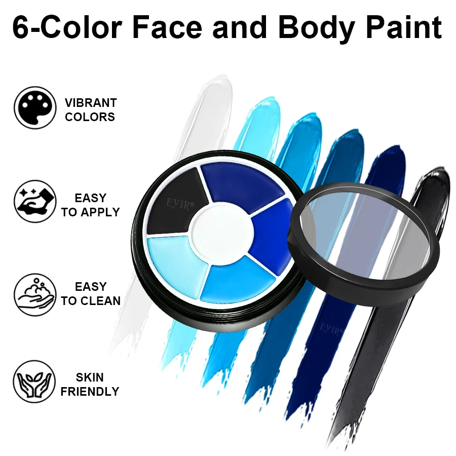 EYIR Blue Black White Face Body Paint Palette 6 Colors Water Activated SFX Makeup Kit With 6 Brushes Halloween Cosplay Festival