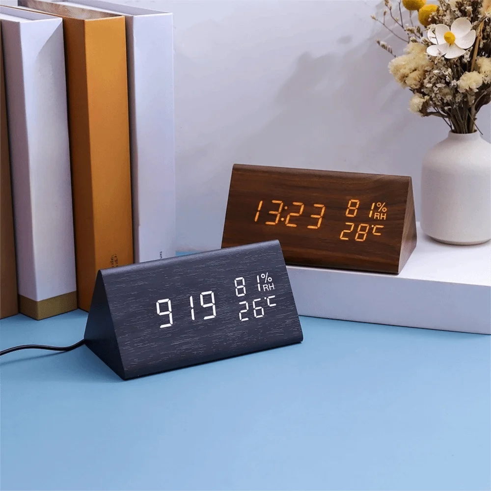 New Triangular Wooden LED Alarm Clock Adjustable Brightness Voice-activated Electronic Alarm Clock Humidity and Temperature Disp