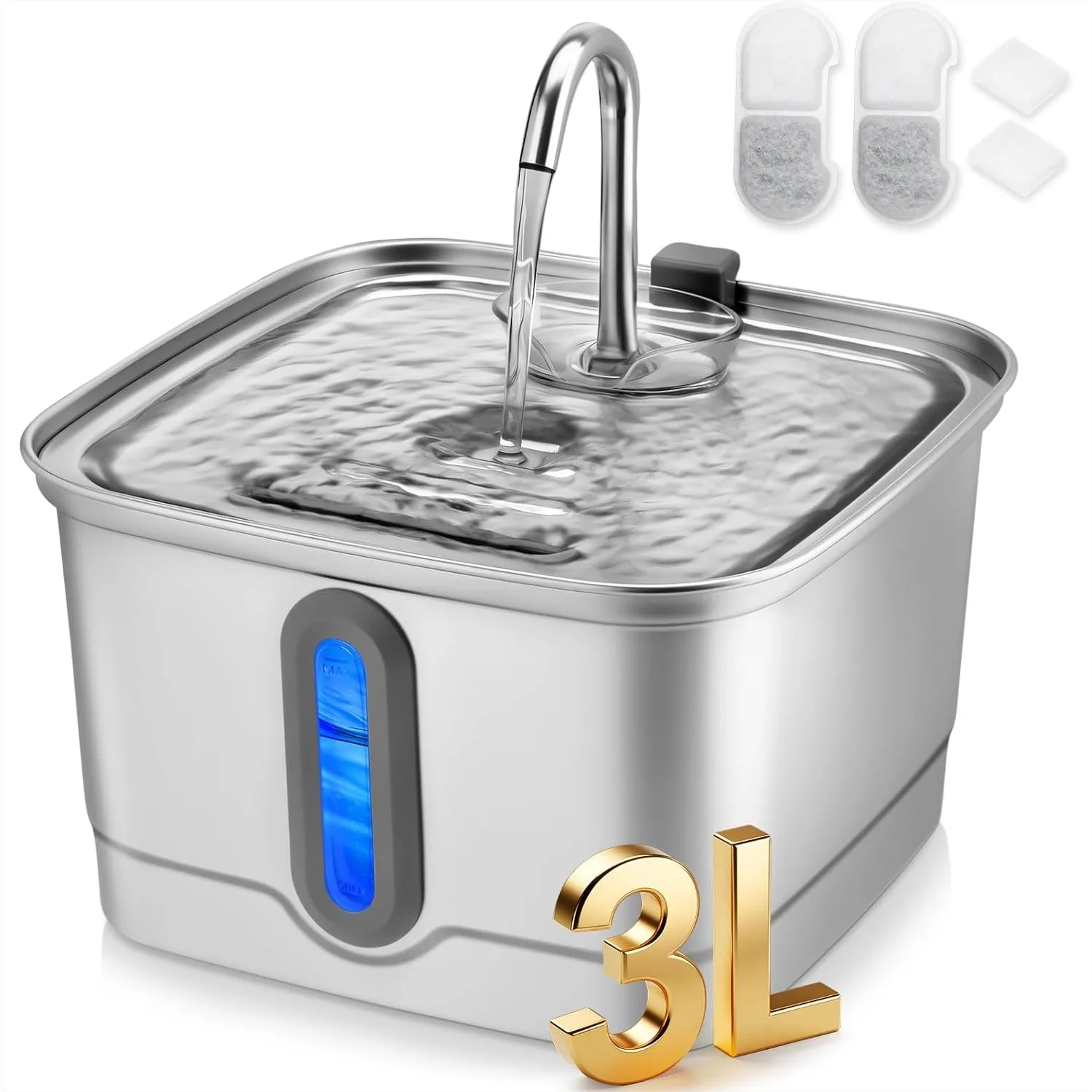 

Автоматический фонтанчик для воды для домашних животных, 3 л, из нержавеющей стали, для кошек и собак, с фильтрами и губками для получения свежей питьевой воды