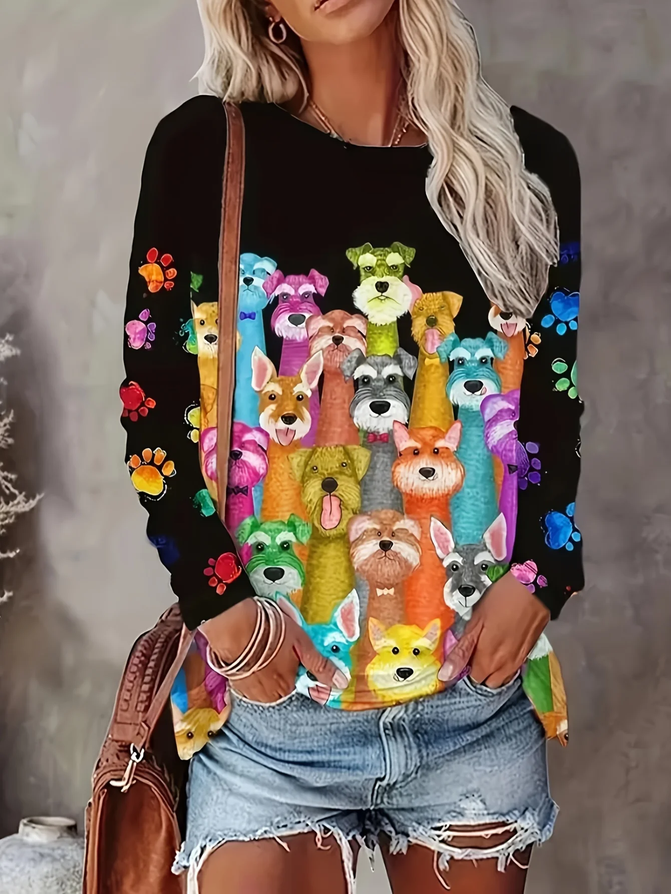 Women's Cartoon Dog Print Top Black Colorful Cute Long Sleeve Crew Neck T Shirt