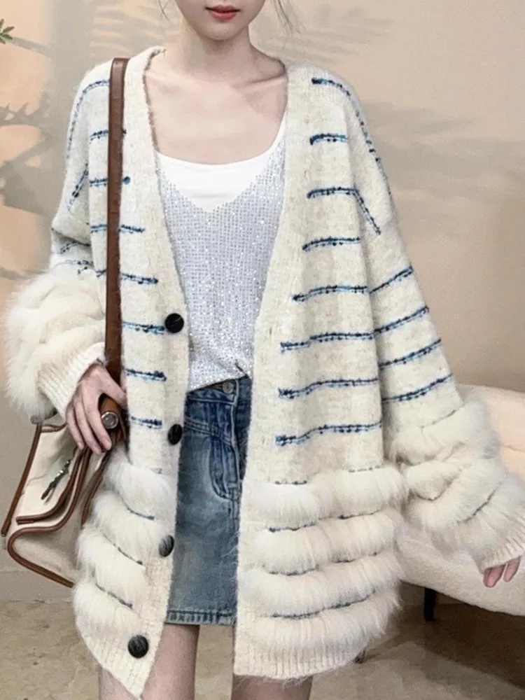ZMEENNA Womens Elegant Faux Fur Trim Knit Cardigan Sweater With V Neck And Button Closure Casual Outerwear ZM3643