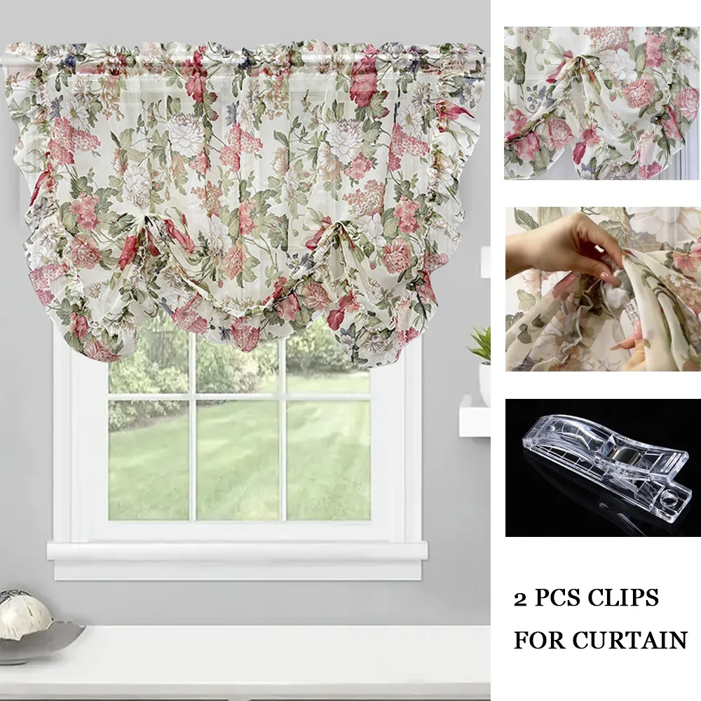 Transparente Voile-Vorhänge mit rustikalen Blumen, Lichtfilterstange, Taschendesign für Küche, Badezimmer, Café, Fenstervorhänge mit Clips