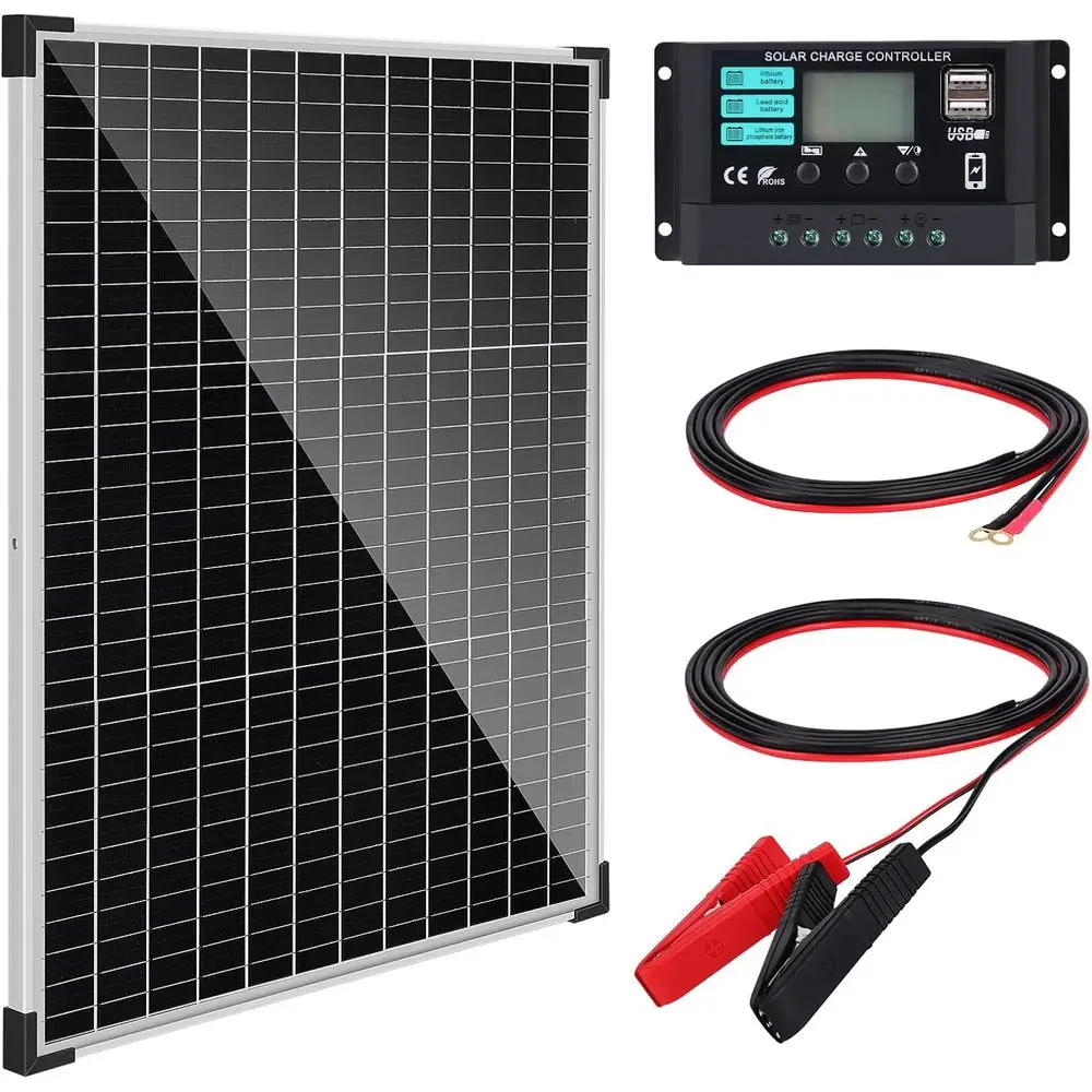 

50W Solar Panel Kit with 10A Controller, Monocrystalline Panels, Extension Cable, Suitable for RV, Marine, Rooftop, and Off-Grid