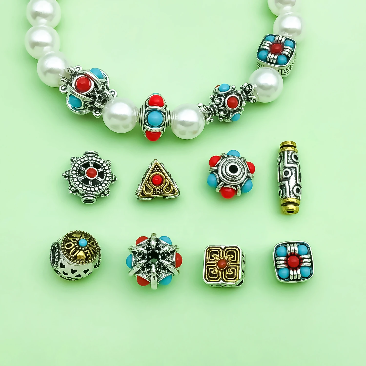 2/5pcs Tibetan Spacer Beads Antique Silver Vintage Alloy Stone Inlay Beads For DIY Mala Bracelet Necklace Jewelry Making Supplie